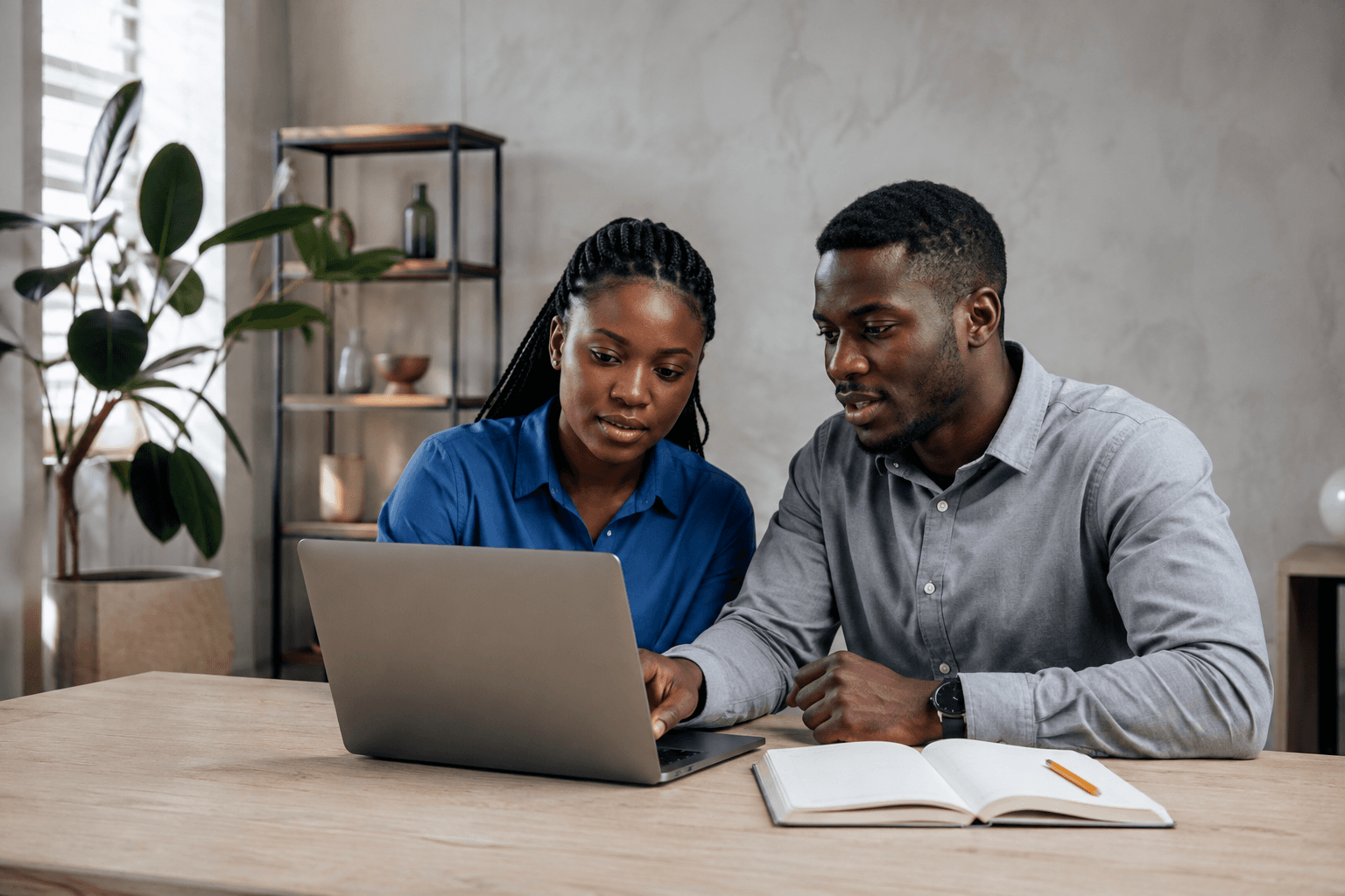 Two professionals working together on a laptop